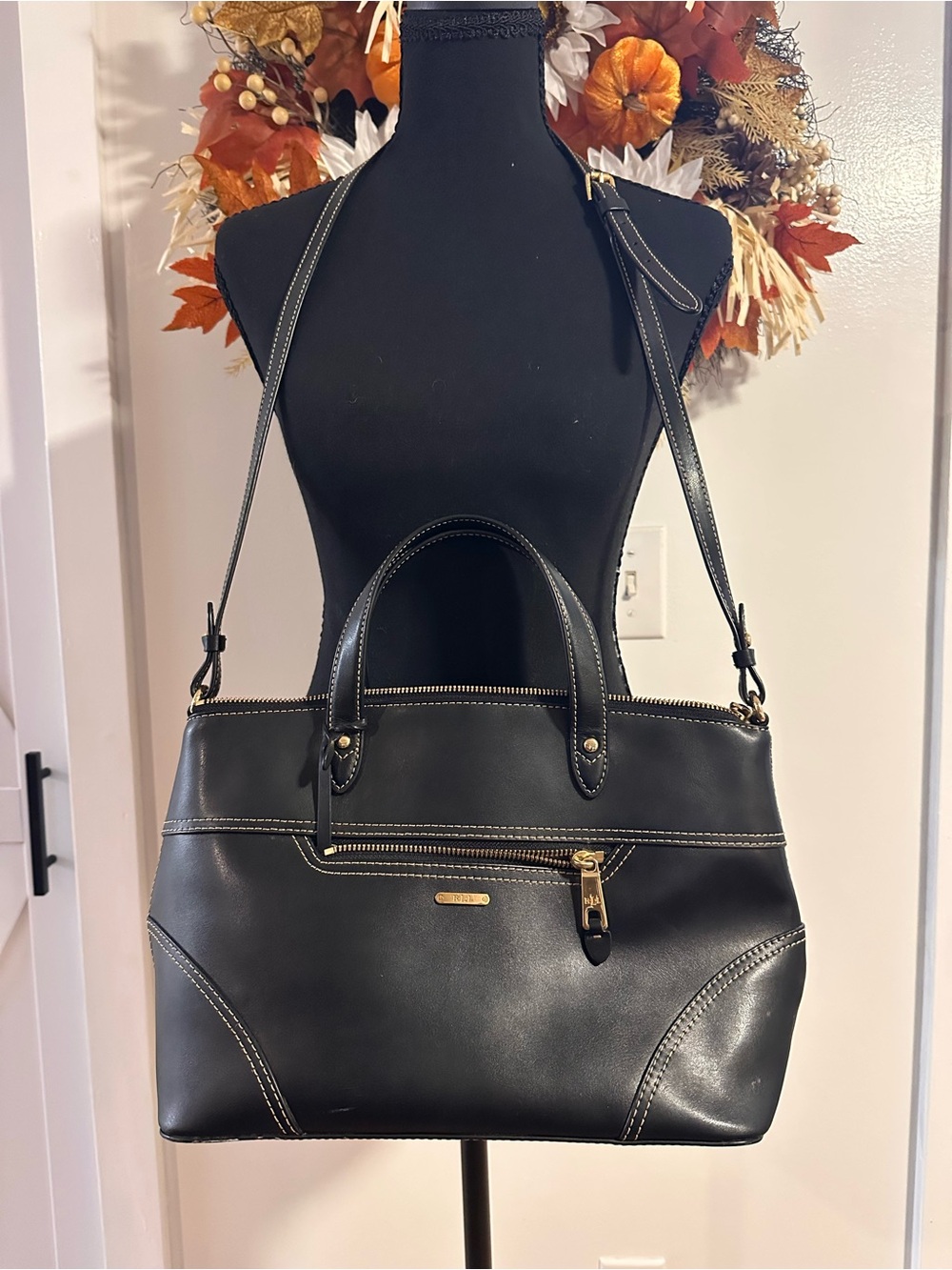 Ralph Lauren Black Leather Tote with Gold Hardware